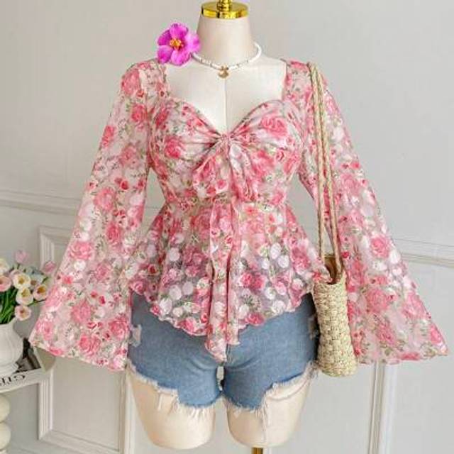Comfortcana Plus Size Women Ditsy Floral Square Neck Tie Knot Puff Sleeve Blouse, Spring/Summer Vacation Style