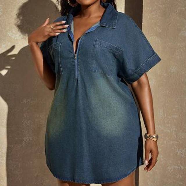 SHEIN Plus Size Women Zip-Up Half Mandarin Collar Batwing Sleeve Casual Denim Dress