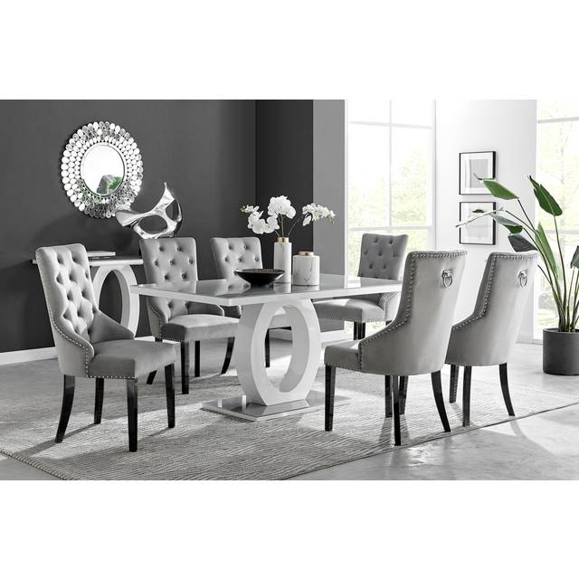 Scottsmoor Halo Dining Table Set in Modern High Gloss with 6 Luxury Velvet Dining Chairs - Grey (6)