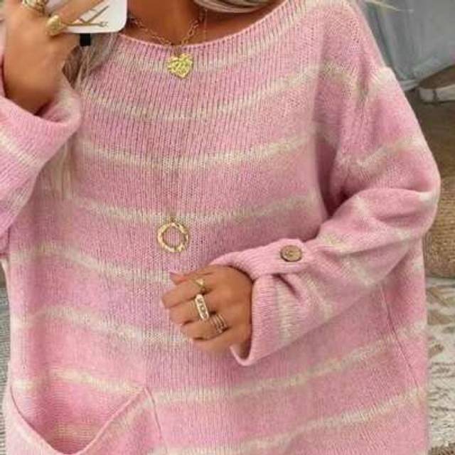 SHEIN Plus Size Striped Boat Neck Pullover Sweater With Pocket, Vintage Look, Relaxed Fit, Long Sleeve, For Winter