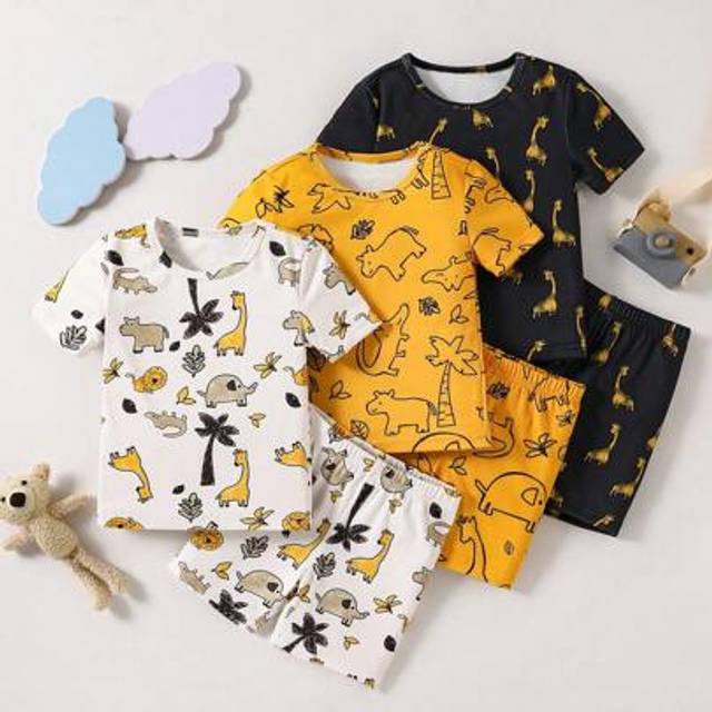 SHEIN 6pcs/Set Young BoyCartoon Galaxy & Ocean Animal Print Snug Fit T-Shirt And Shorts Pajama Set