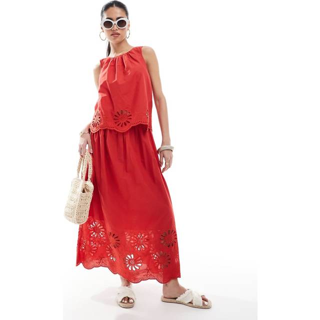 New Look Women's Red Embroidered Cutout Hem Midi Skirt - UK 12