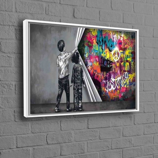 Personalized Banksy Behind The Curtain Framed Canvas Art for Trendy Office Decor and Home Gift - Does Not Apply (50 cm H x 70 cm W)