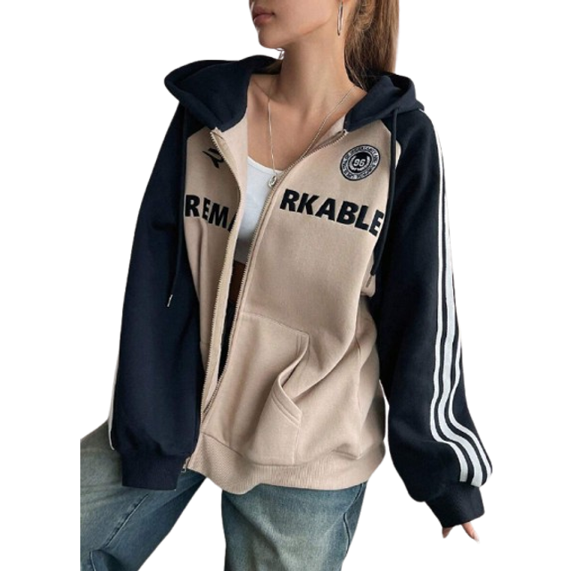DAZY Women&#39;s Loose Fit Hoodie With Contrast Stripe, Letter Embroidery And Zipper Design,Long Sleeve Tops