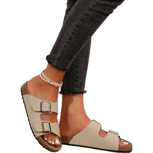 SHEIN Women&#39;s Simple Summer Open Back Comfortable Holiday Buckle Flat Mules Sandals In Beige Color