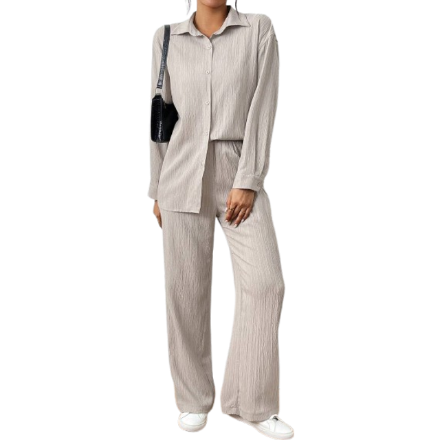SHEIN 2pcs Women Spring & Autumn Casual Solid Color Long Sleeve Shirt And Pants Set