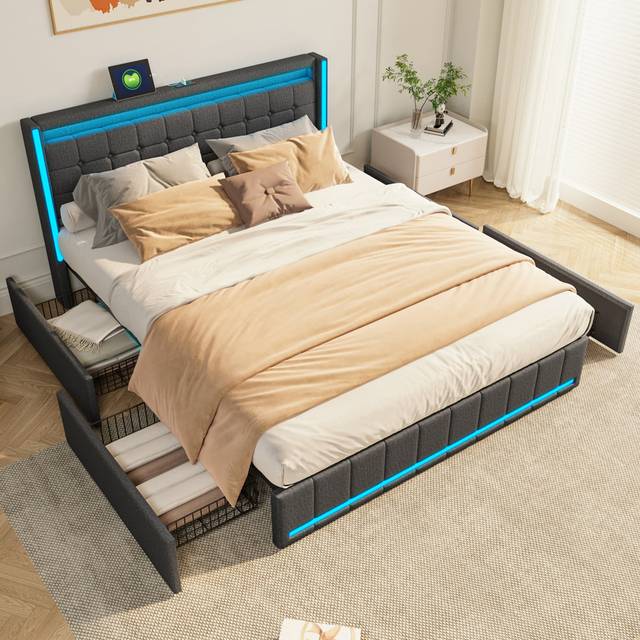 Linen Upholstered Bed With LED Lighting And 4 Storage Drawers - Grey (European Double (140 x 200 cm))