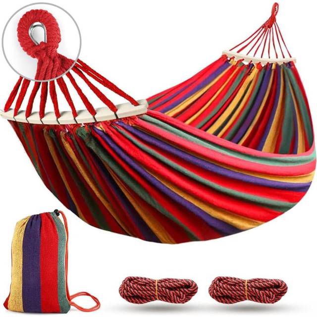 Hammock with Spreader Bars, Camping Hammock Outdoor, with Canvas Fabric and Metal Knot (1cm H X 155cm W X 205cm L)