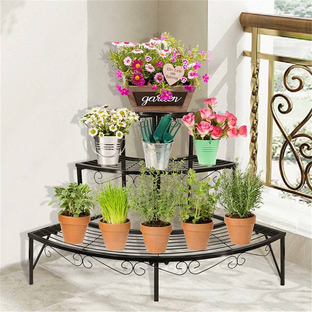 3 Tier Metal Plant Stand Corner Ladder Shelves Garden Flower Display Rack - Black (58cm H X 77cm L X 56cm D)
