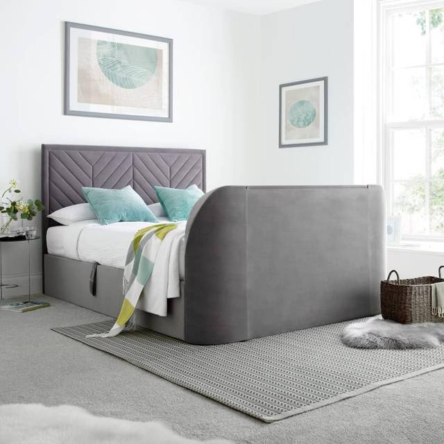 Sherlock - King Size - Side-Opening Ottoman Storage Electric TV Bed - Light Grey - Velvet - 5ft - Happy Beds