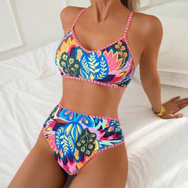 Swim Vcay 2pcs Beach Summer Outfits For Women, Random Print Camisole Top And High Waist Bikini Bottom Swimwear Set