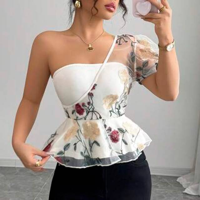 INAWLY Women&#39;s Summer Sexy Floral Embroidered Sheer Mesh Blouse