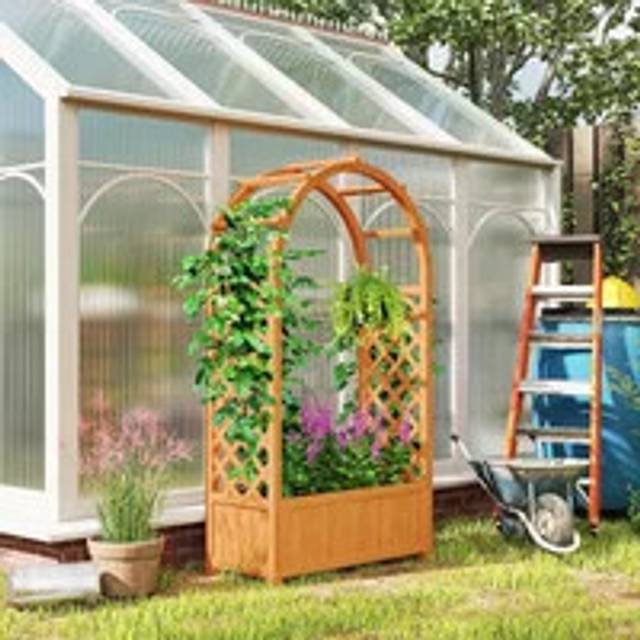 Outsunny Wooden Raised Garden Bed with Trellis - Brown - 145 x 36 x 83cm