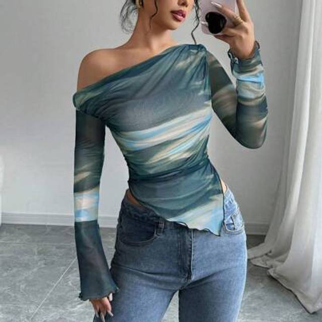 Firerie Women&#39;s Oblique Shoulder Long Sleeve Printed Casual Slim Fit Leopard Print Tank Top