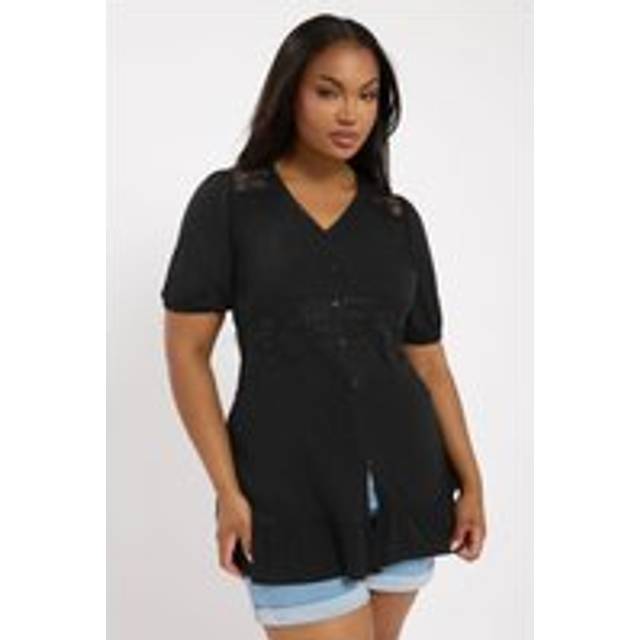 Yours Curve Black Jersey Lace Frill Smock Top, Women's Curve & Plus Size, Yours - 14