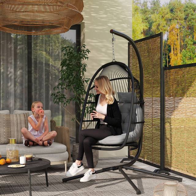 Outsunny Dark Grey Rattan Hanging Egg Chair with Stand and Cushion - 196 x 100 x 107cm