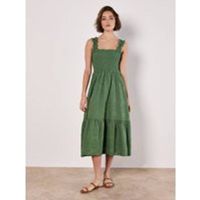 Womens Broderie Anglaise Milkmaid Midi Dress - Green - 10