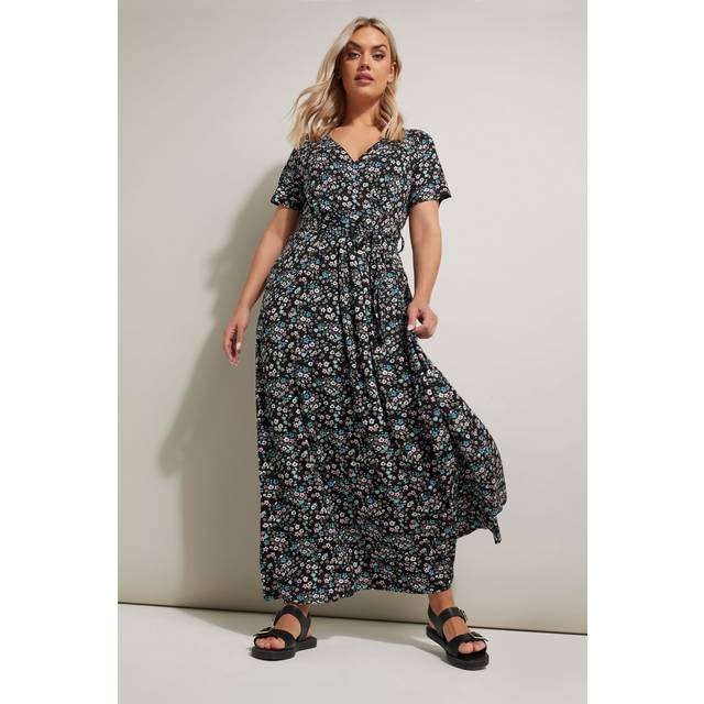 Yours Curve Black Ditsy Floral Print Wrap Dress, Women's Curve & Plus Size, Yours - 30-32