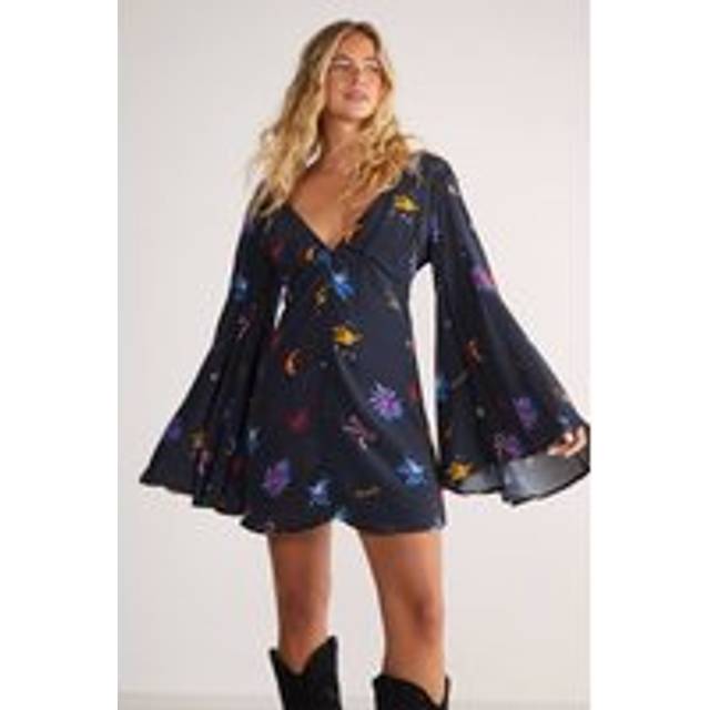 Womens Conversational Extreme Sleeve Button Down Mini Dress - Black - 14