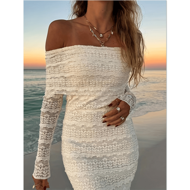 SHEIN Elegant Shoulder Revealing Lace Dress - Sheer, Fitted Style | Perfect For Vacation & All Seasons, One Shoulder, Classy