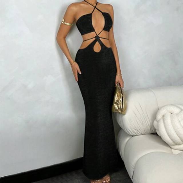 SHEIN Women&#39;s Summer Solid Color Hollow Out Bodycon Halter Graduation Party Dress