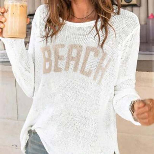 SHEIN Women&#39;s Casual Loose Letter Print Long Sleeve Knitted Pullover,Long Sleeve Tops