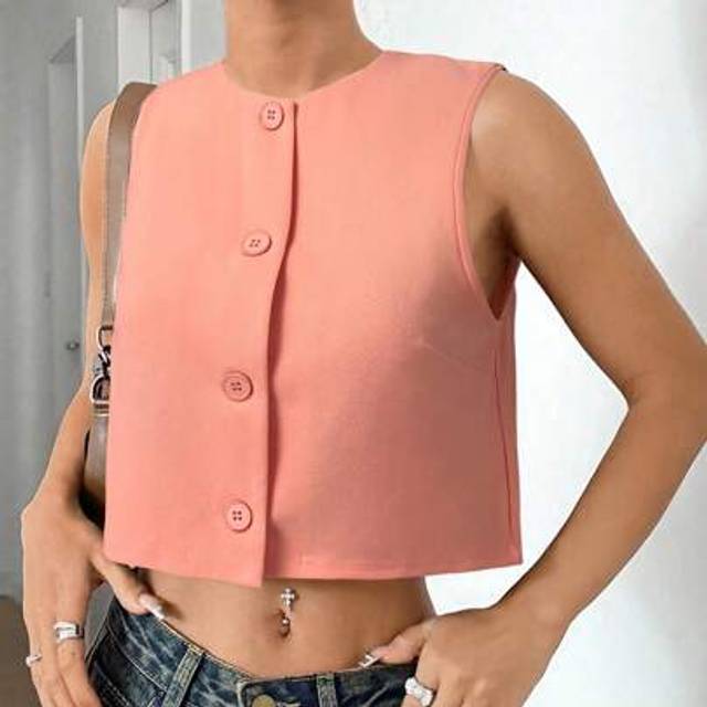 SHEIN Women&#39;s Simple Solid Color Front Button Round Neck Vest, Summer
