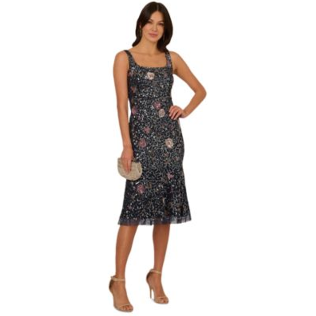 Sleeveless Sequin Floral Beaded Midi Dress In Navy Pink Multi - Navy/Pink Multi - 18
