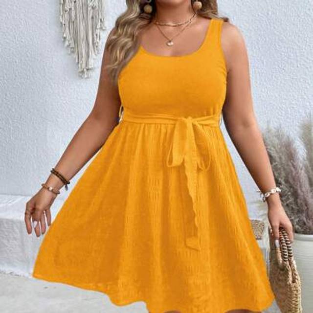 SHEIN Plus Size Curve Summer Sundress Yellow Sleeveless Tie-Waist,Vacation Outfits Woman