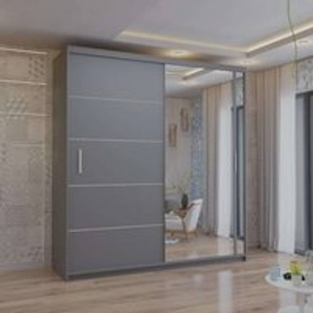 Modern Sliding Wardrobe with mirror & LED Light 120cm x 217cm - Grey - One Size