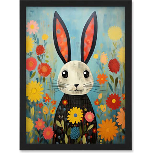 Wall Art Print Funny Bunny Modern Floral Rabbit Animal Artwork for Kids Bedroom or Baby Nursery Artwork Framed A4 - Black - A4