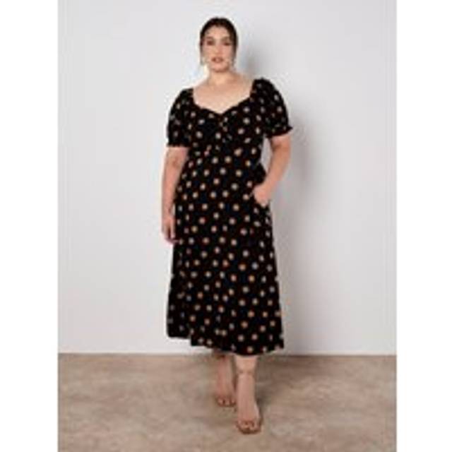 Apricot Women's Black Spot Print Bow Detail Midi Dress New Look - UK 8