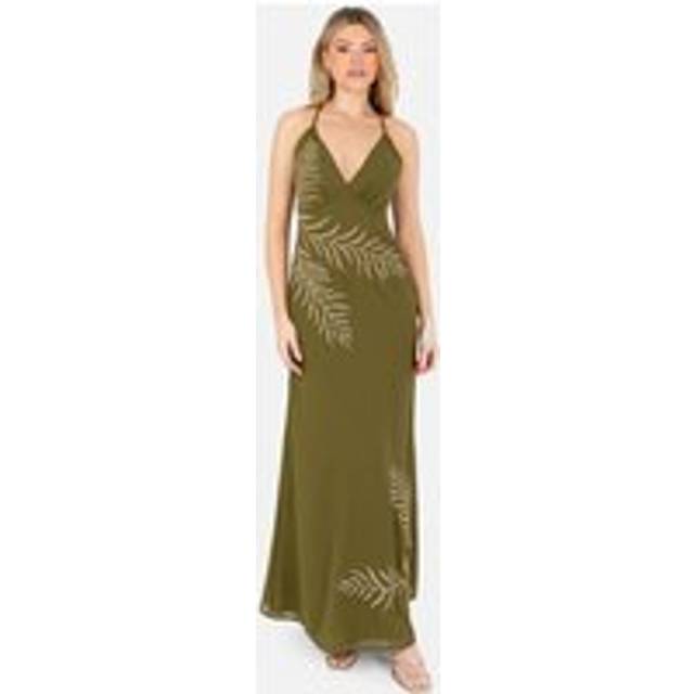 Maya Deluxe Embellished Palm Cross Back Maxi Dress, Olive