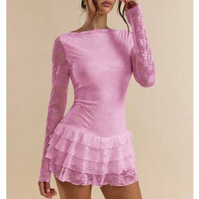 SHEIN Women&#39;s Solid Color Elegant Floral Lace Long Sleeve Layered Ruffle Hem Mini Dress, Suitable For Night Out, Club, Birthday Party, Valentine&#39;s Day