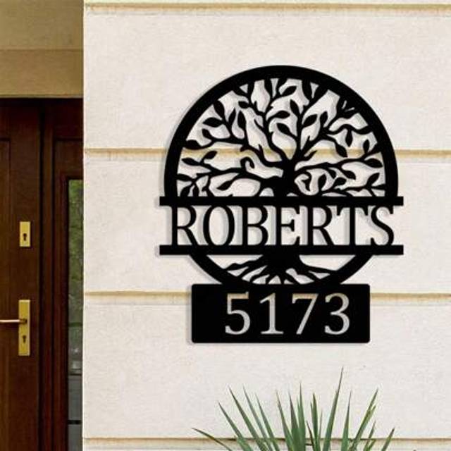 SHEIN A Custom Metal Address Plaque Featuring A Tree Of Life Design - Personalized With A Name And Number, Suitable For Porches, Easy To Install On Walls