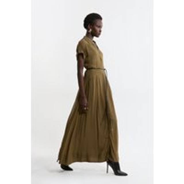Tall Pleated Woven Viscose Maxi Shirt Dress - Khaki/Green