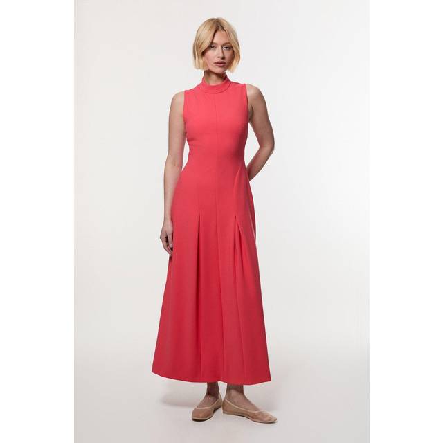 Compact Stretch High Neck Open Back Tailored Maxi Dress - Pink