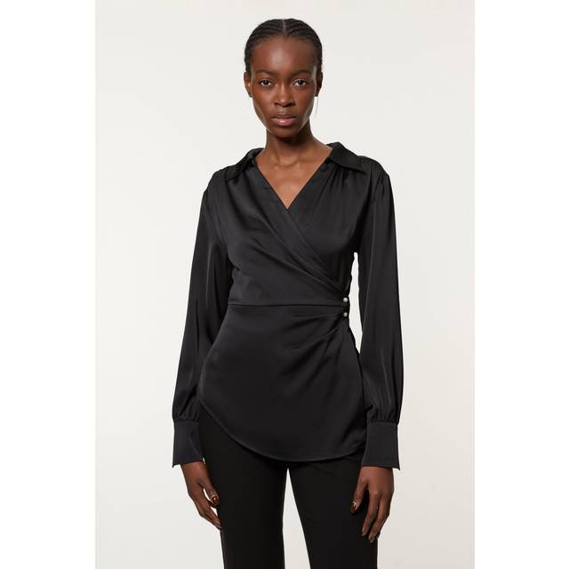 Tall Satin Back Crepe Pearl Detail Wrap Blouse - Black