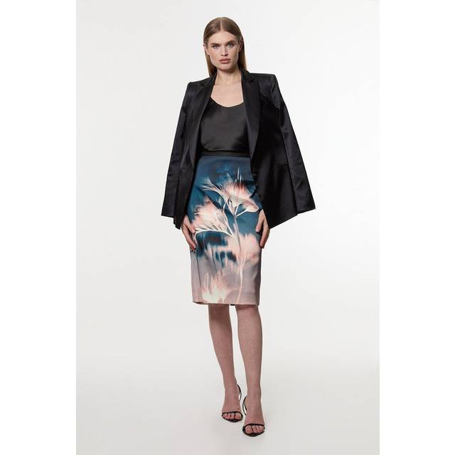 Petite Abstract Ombre Italian Structured Satin Tailored Corset Midi Dress - Floral