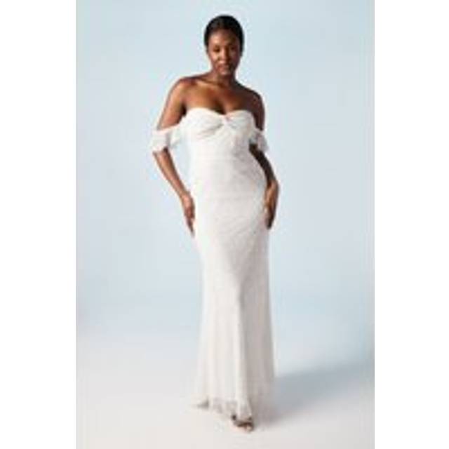 Embellished Twist Detail Bardot Fishtail Wedding Dress - Ivory - 8