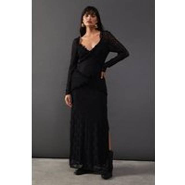Womens Mixed Lace Sweetheart Neck Maxi Dress - Black - 8