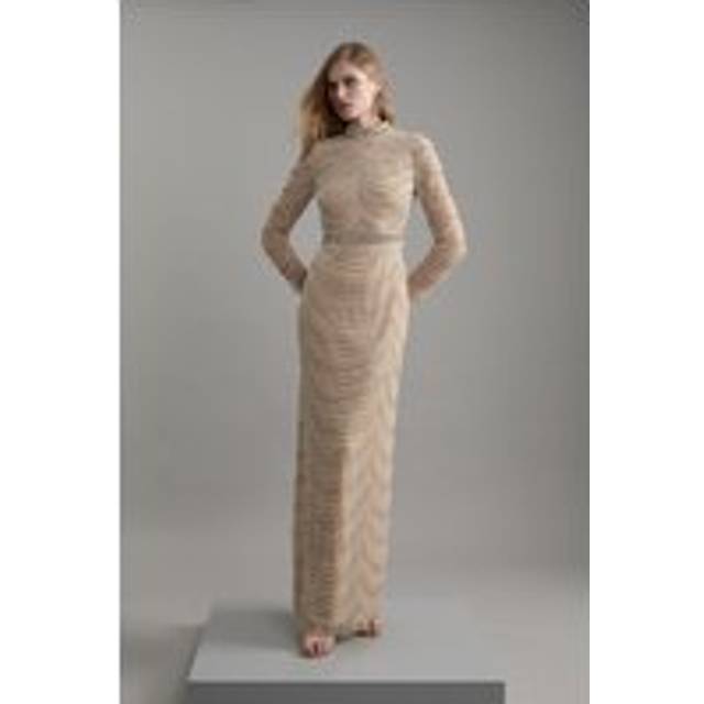 Embellished Woven Long Sleeved Maxi Dress - Silver