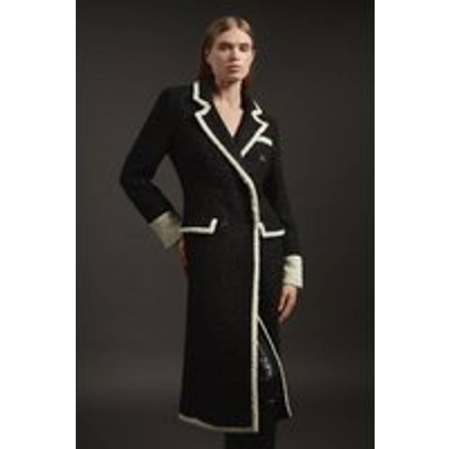 Texture Metallic Contrast Tipped Double Breasted Tailored Midi Coat - Black