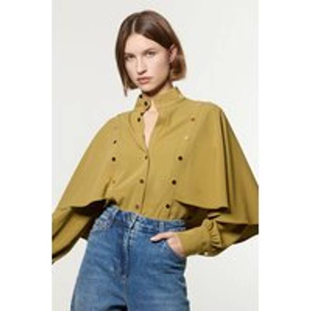 Studded Crepe Cape Sleeve Woven Blouse - Khaki/Green