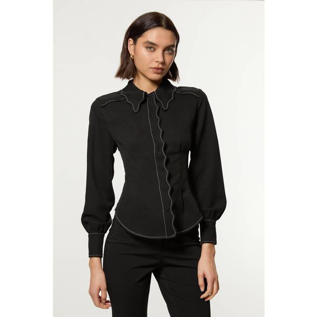 Scallop Trim Woven Crepe Blouse - Black