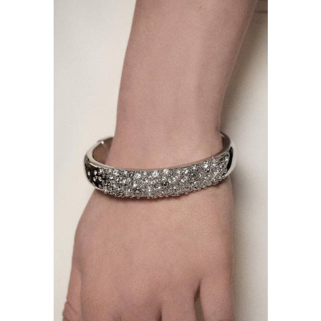 Silver Tone Encrusted Hoop & T-Bar Bangle - Silver