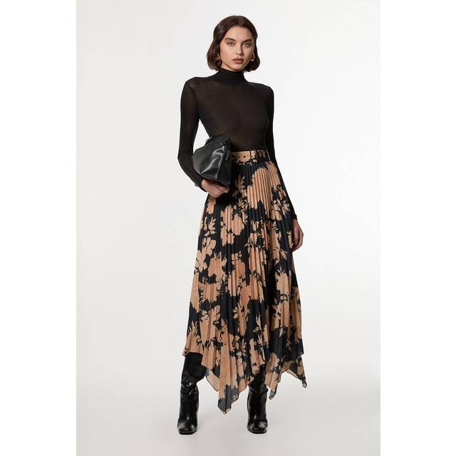 Georgette Belted Pleat Woven Midi Skirt - Orange