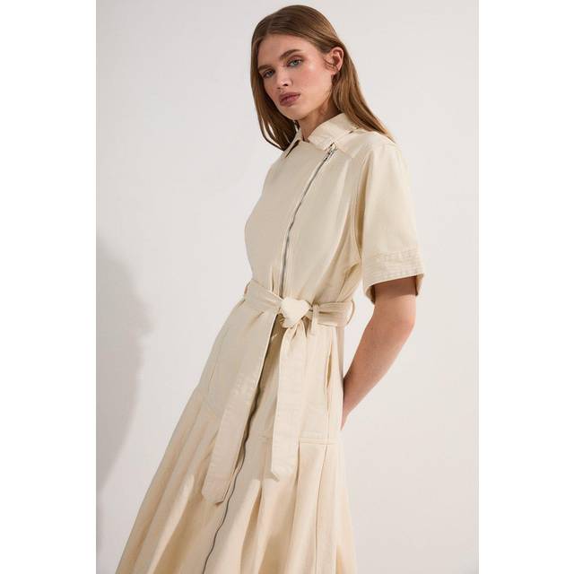 Denim Pleated Hem Biker Dress - Cream