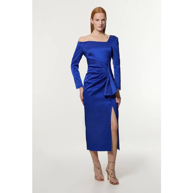 Italian Structured Rib Asymmetric Neckline Draped Tailored Maxi Dress - Blue