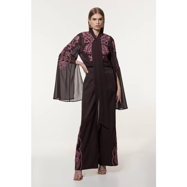 Karen Millen Women's Tall Cutwork Beaded Georgette Tie Neck Woven Blouse With Drama Sleeve in Chocolate | Size: 8